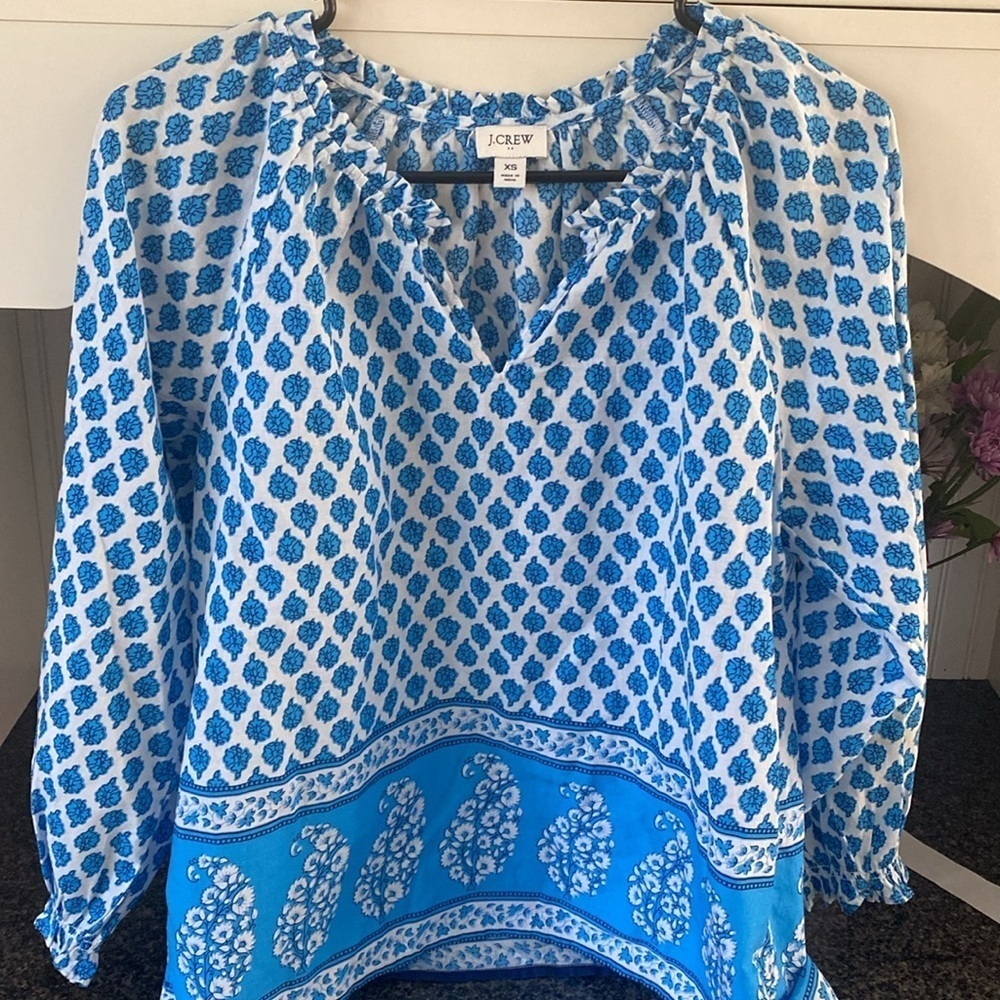 J Crew Blue and White Block Floral Paisley Print Boho Popover Cotton Top